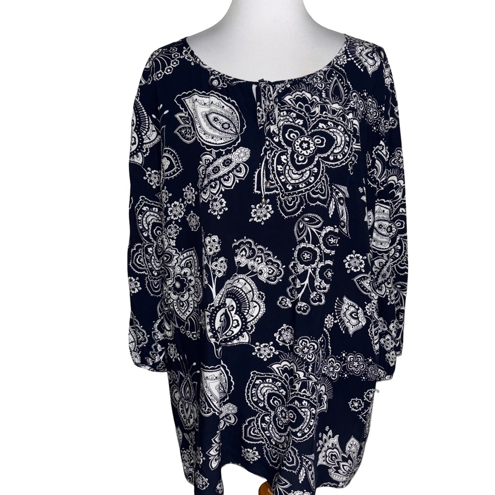 Talbots Navy White Floral Blouse